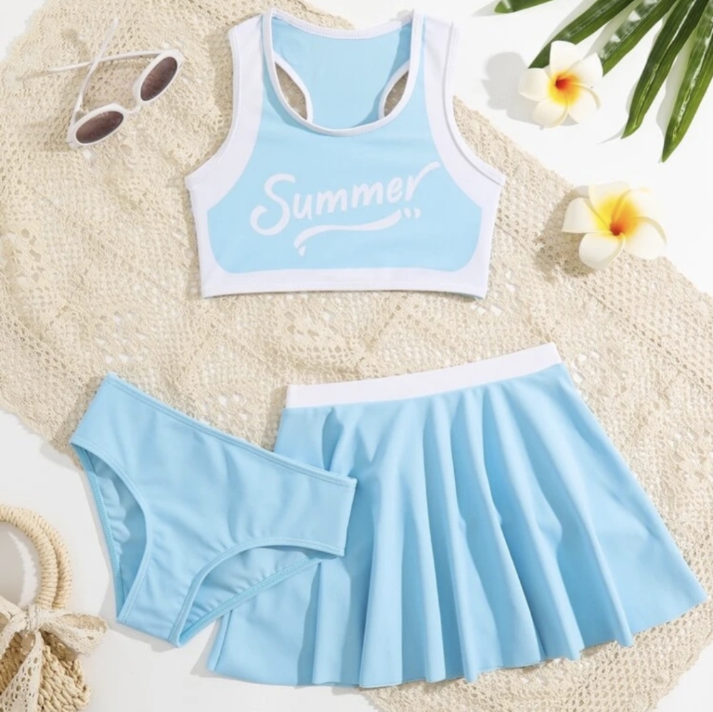 SheIn Young Girl Letter Graphic Contrast Binding Bikini 3 PieceSet w Beach Skirt